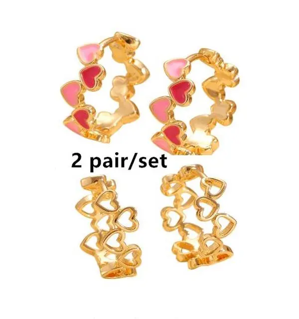 Heart Hoop Earrings 2-Pair Set, 1.7cm Cute Enamel Jewelry for Women, Trendy Feminine Aesthetic for Earring Stacks, Earring Stack, Jewelry Stack