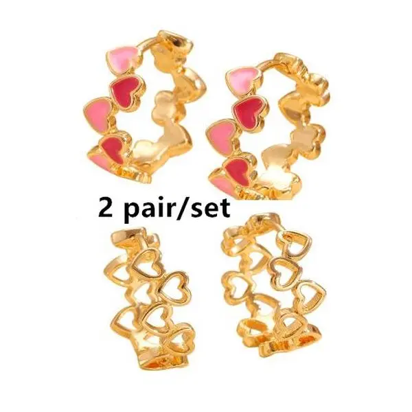 Women's 2-Pair Set Hook Enamel Heart Motif Hoop Earrings - 0.66in/1.7cm Copper Hoop Jewelry, Fashionable Female Casual Daily Wear, Ideal for Stacking
