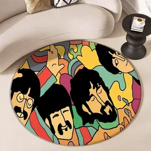 Vintage Beatles Round Rug, Artistic Trendy Floor Decoration, Colorful Bottom, Classic Member Print, Non-Slip Durable, Easy Clean