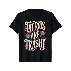 100% Cotton Cotton Unisex T-Shirt | Casual Round Neck, Geometric Pattern, "Tattoos Are Trashy" Slogan, Breathable Knit Fabric