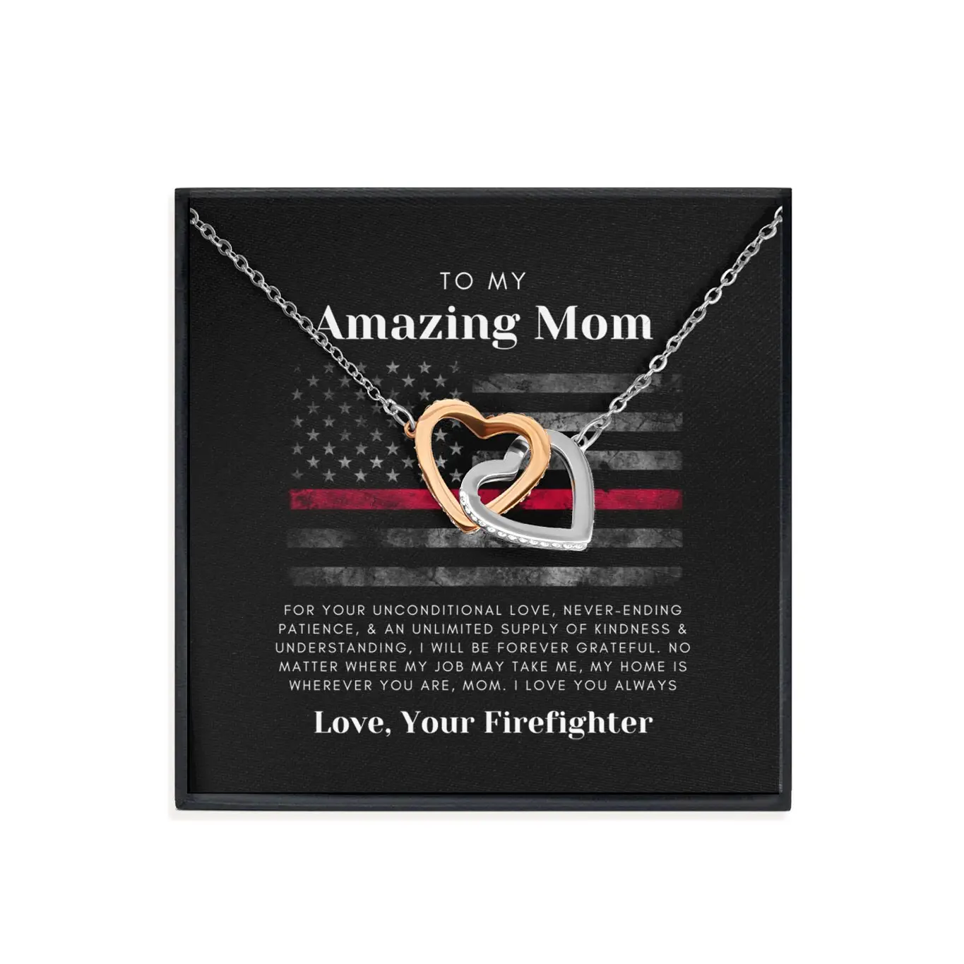 Personalized Firefighter Mom Necklace, Fireman Mother Interlocked Hearts Jewelry, Gift For Mom of Firefighter, Thin Red Line Gift, Frontline Worker