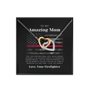 Personalized Firefighter Mom Necklace, Fireman Mother Interlocked Hearts Jewelry, Gift For Mom of Firefighter, Thin Red Line Gift, Frontline Worker