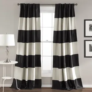 Lush Decor Montego Stripe Light Filtering Window Curtain Set - Modern Design, Thick Stripes, Energy Efficient, 84"x52", Black & Off-White, 2 Panels, Machine Washable