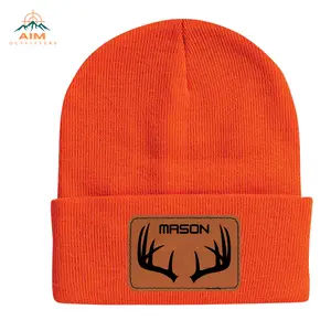 AIM Outfitters Blaze Orange Personalized Hunting Stocking Cap - 12" Acrylic Knit Beanie with Antler Patch & Custom Engraved Name - Unisex