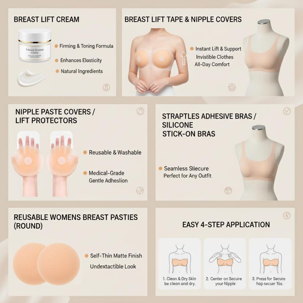 Breast lifting cream, breast lifting tape nipple cover, cream nipple cover, lifting nipple cover, straplessadhesive bra, silicone adhesive bra, reusable women's breast tape (circular) pad