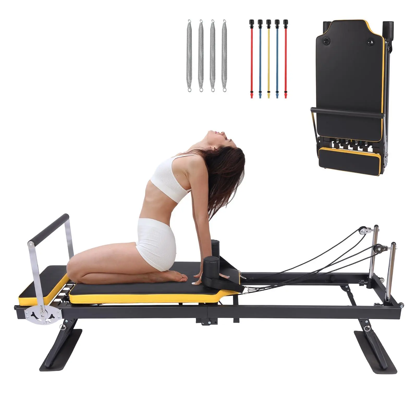 Pro Pilates Reformer,Foldable Pilates Machine for Home Gym Workout,Home Pilates Equipment with Dual Resistance- Springs and Cords,Pilates Machine for Advanced,Beginners-Black & Yellow