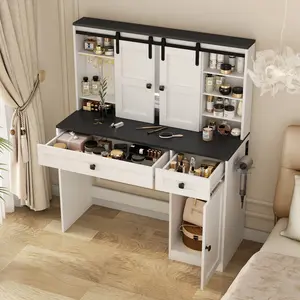 Farmhouse Makeup Vanity Desk with Lights, 43" Wide Dressing Table with Lighted Mirror and Makeup Drawer, Large Modern Dressing Table Set with Hair Dryer Holder for Bedroom, White