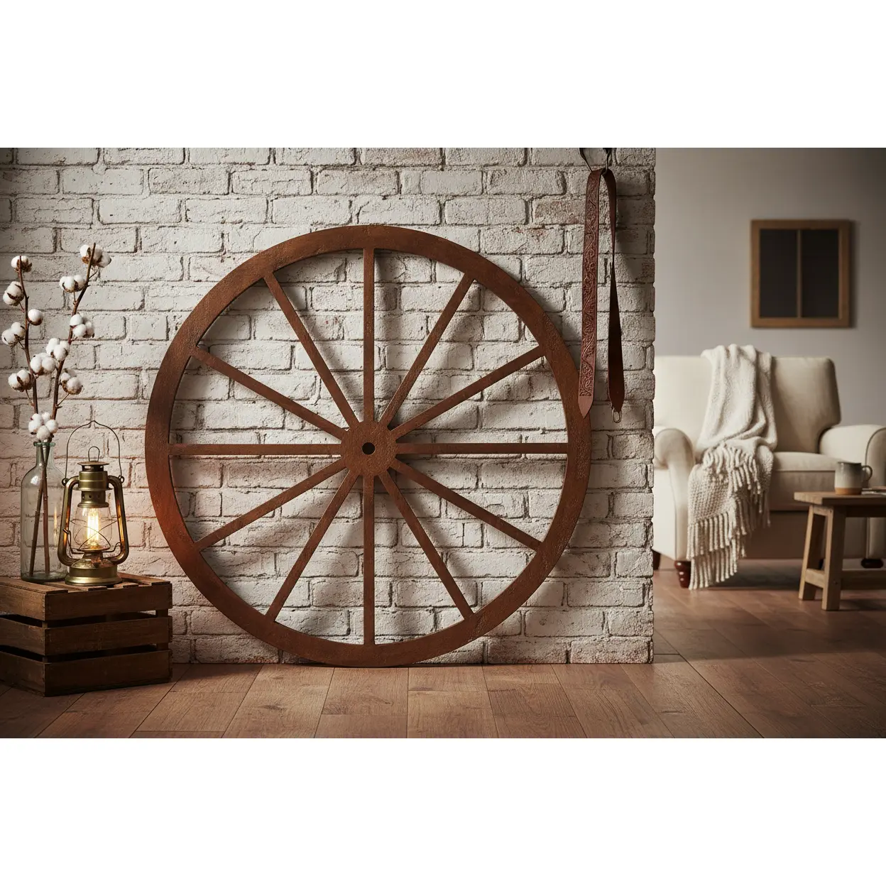 Rustic Round Decorative Natural Wood Wagon Wheel - 30” Diameter, 0.39” Thick, Lightweight Classic Brown Mountable Home Hanging Decor with Hook for Wall, Garden Use