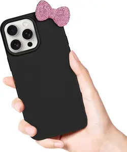 For iPhone Luxury Rhinestone Bow iPhone Case – 3D Rhinestone Bow Bling Cover, Soft Litchi Leather Pattern, Shockproof Protective Case