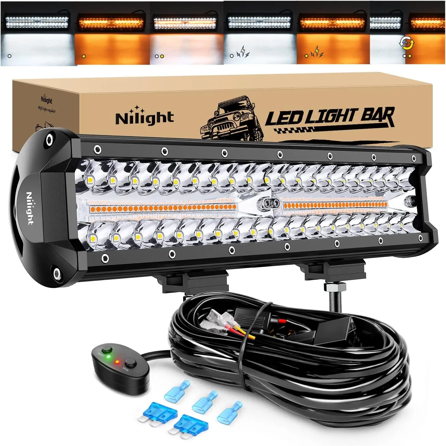 Nilight 12in 300W Aluminum Rugged LED Light Bar - 300W Output, 6 Modes (Spot, Flood, Amber, White, Strobe, Sync), Memory Function, 16AWG 1-Lead Wiring Harness Kit, Off-Road Truck/ATV Compatible Mounting Led Lit Cantilever Lightbar