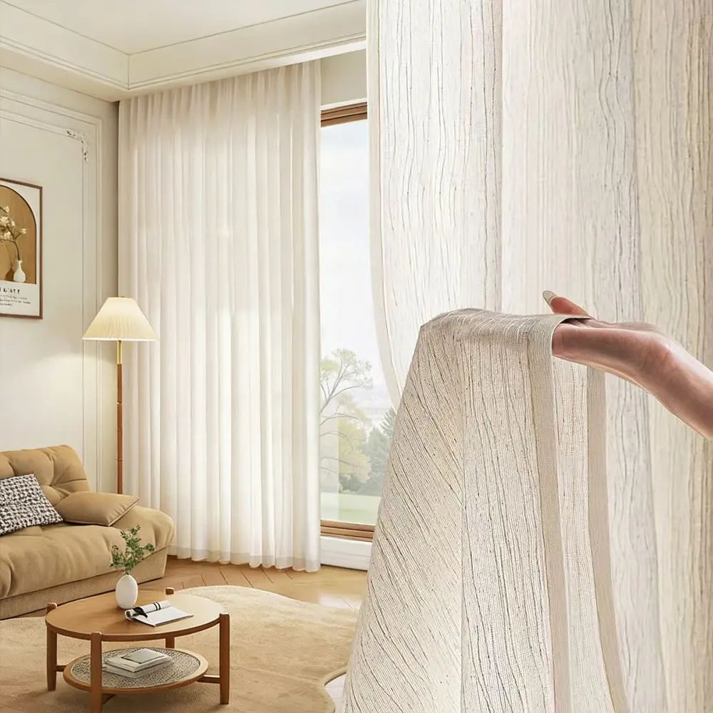 French Dreamy Curtain, Pure Color Vertical Stripe Texture Sheer Curtains, Bedroom Light-Transmitting Linen Edge, Modern Minimalist Decor, Home Decoration Curtain, Window Curtain, Window Drapes, Home Decorative Curtain