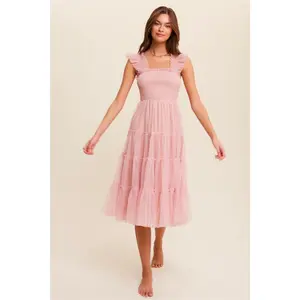 Fiori Short Pink Tulle Tiered Midi Dress