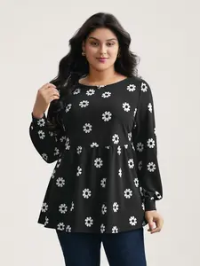 BLOOMCHIC Floral Textured Stretchy Knit Top with Extra Long Lantern Sleeves & Round Neck in Black Originalwhite LightBlue Playful Winter Fitted Medium Length