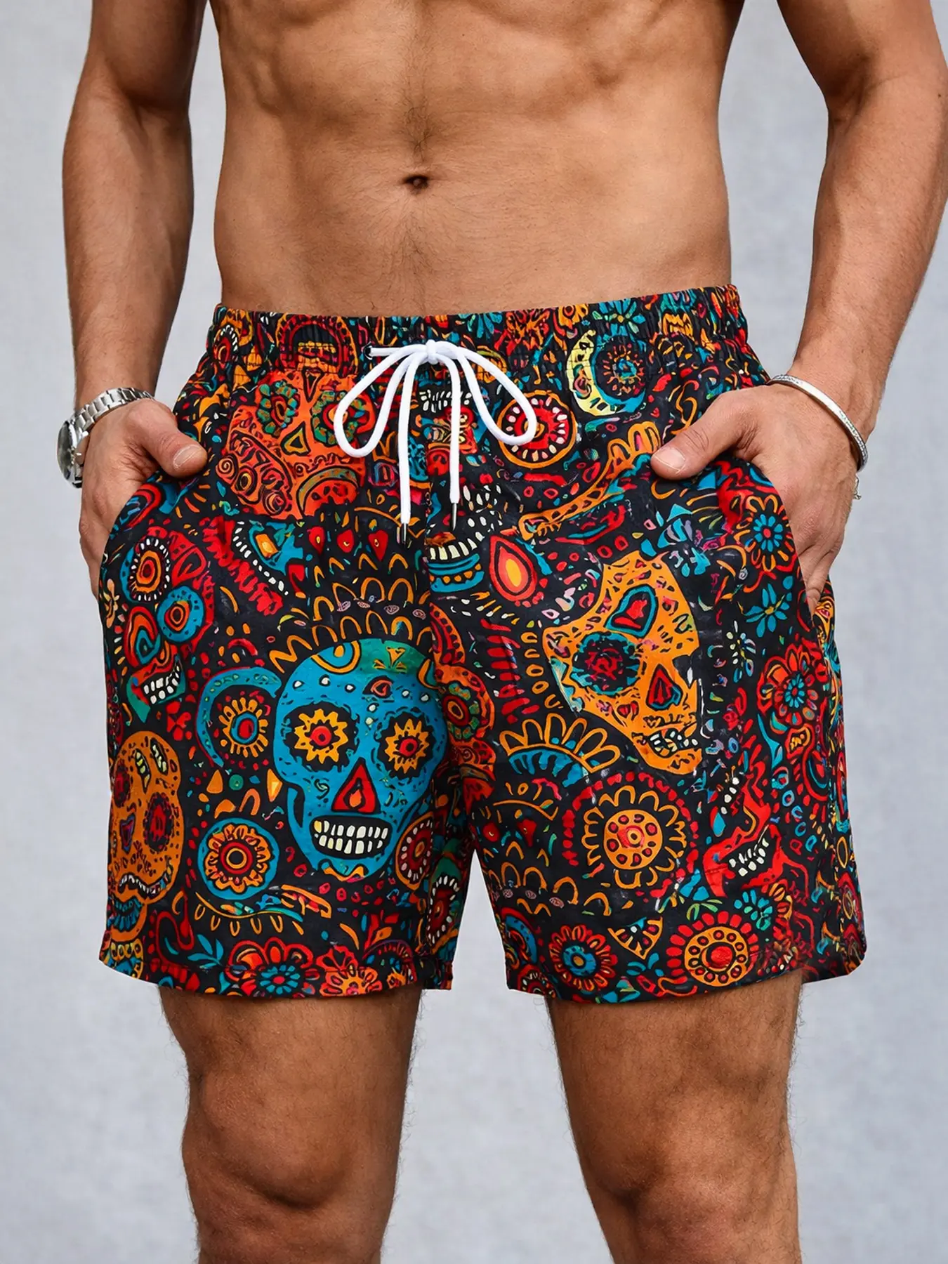 Mens swim trunks sugar skull all over print quick dry drawstring beach shorts above knee Comfortable for festival weekend pool party beach vacation resort day graduation trip and sunny travel wear with side pockets