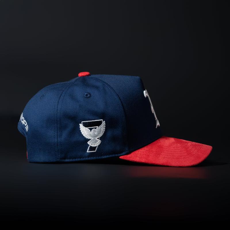 Navy Blue and Red Sueded Brim Hat with "Hope in Jesus" Side Patch and "7 with Dove" Symbolic Design for Faithful Fashion