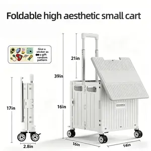 Large foldable portable handcart, shopping foldable handcart, portable small trailer, detachable plastic travel storage box, outdoor handcart with 4 rotating wheels and lid, mobile storage box for camping, shopping, and picnicking