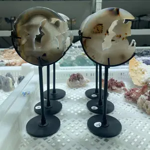 Natural Crystal and Agate Geode Carving - Cat on the Moon