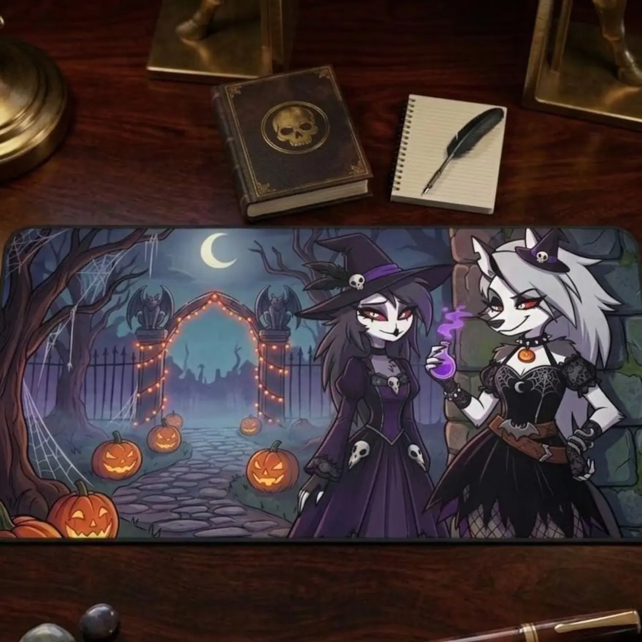 Loona Octavia Halloween Desk Mat Helluva Boss Fan Art Gaming Mousepad, Spooky Witch & Hellhound Extended XXL Desk Pad, Dark Aesthetic