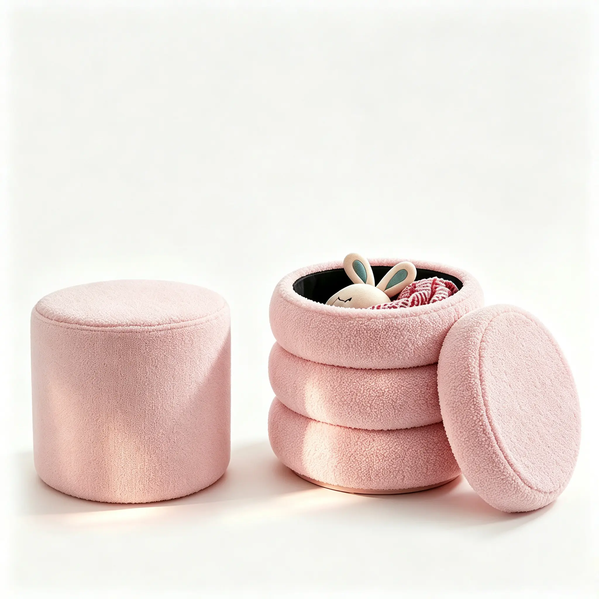 Set of 2 Round Boucle Storage Ottomans (Black/Beige/Pink) - Removable Lid Indoor Stool, Modern Vanity Seat & Footrest for Living Room, Bedroom