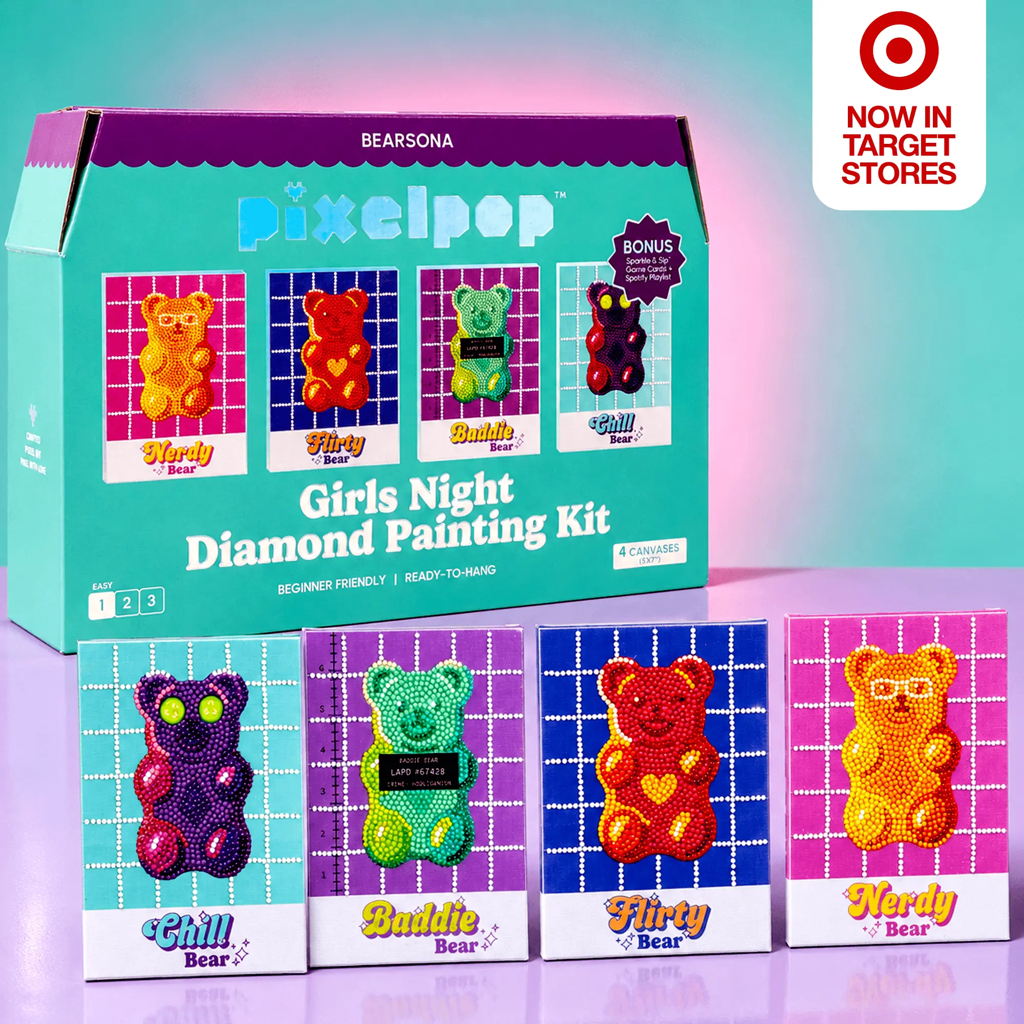 PixelPop Diamond Painting Kit - Bearsona Girls Night, 4 Gummy Bear Canvases, Nerdy-Flirty-Baddie-Chill Styles, Bonus Game Cards & Playlist (DIY Needlework Toy for Hobbyists)