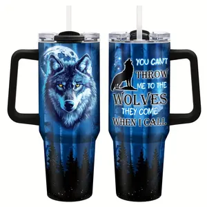 40oz Wolf Pattern Stainless Steel Insulated Tumbler with Handle Straw Lid Double Wall Travel Coffee Mug Gifts for Men Women Wolf Lovers Cool Wolf Stuff Decor Merch Christmas Birthday Thanksgiving Fathers Day Mothers Day Car Use
