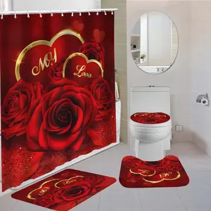 1/4-piece Valentine's Day Red Rose Themed Shower Curtain Set, Bathroom Decoration Accessories, includes a non-slip mat, U-shaped rug, and toilet seat cover. Perfect for bathroom decoration, partitioning, beautifying space. with 12 shower curtain hooks.