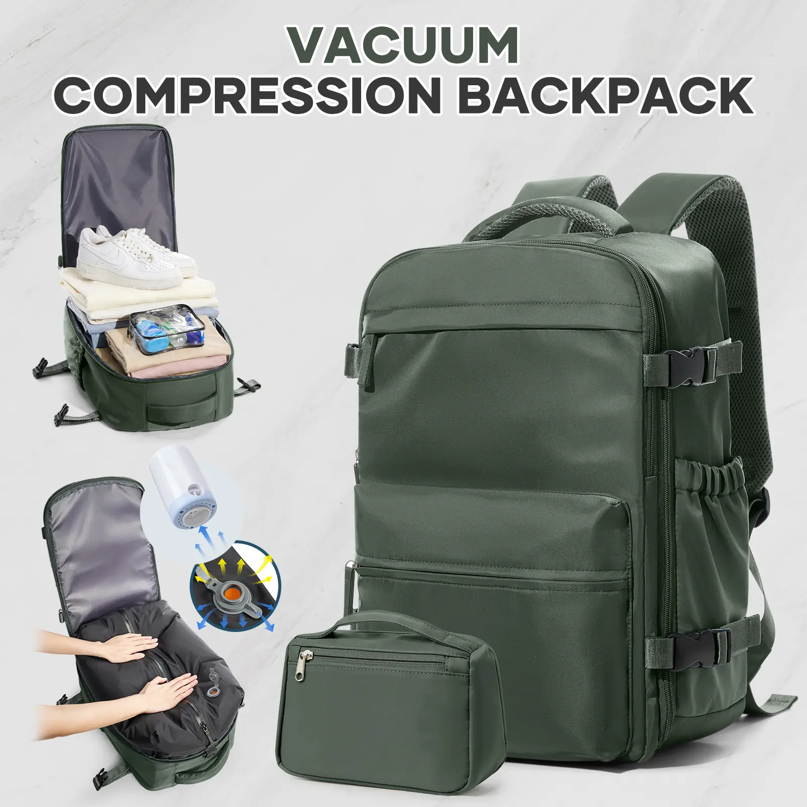 Coowoz Vacuum Travel Backpack with Pump - Zip-Up Vacuum Seal Compression Casual Travel Backpack, Airline Approved Carry-On Luggage for Adults, Durable Holiday Outdoor Hiking Rucksack, W/Free Toiletry Bag