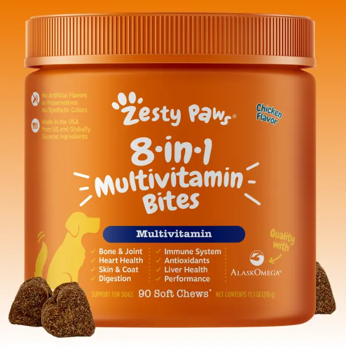 Zesty Paws 8-in-1 Chewable Multivitamin Bite for Dogs, Chicken Soft Chew Immune Support Dog Treats Supplement 8 in dog supplements
