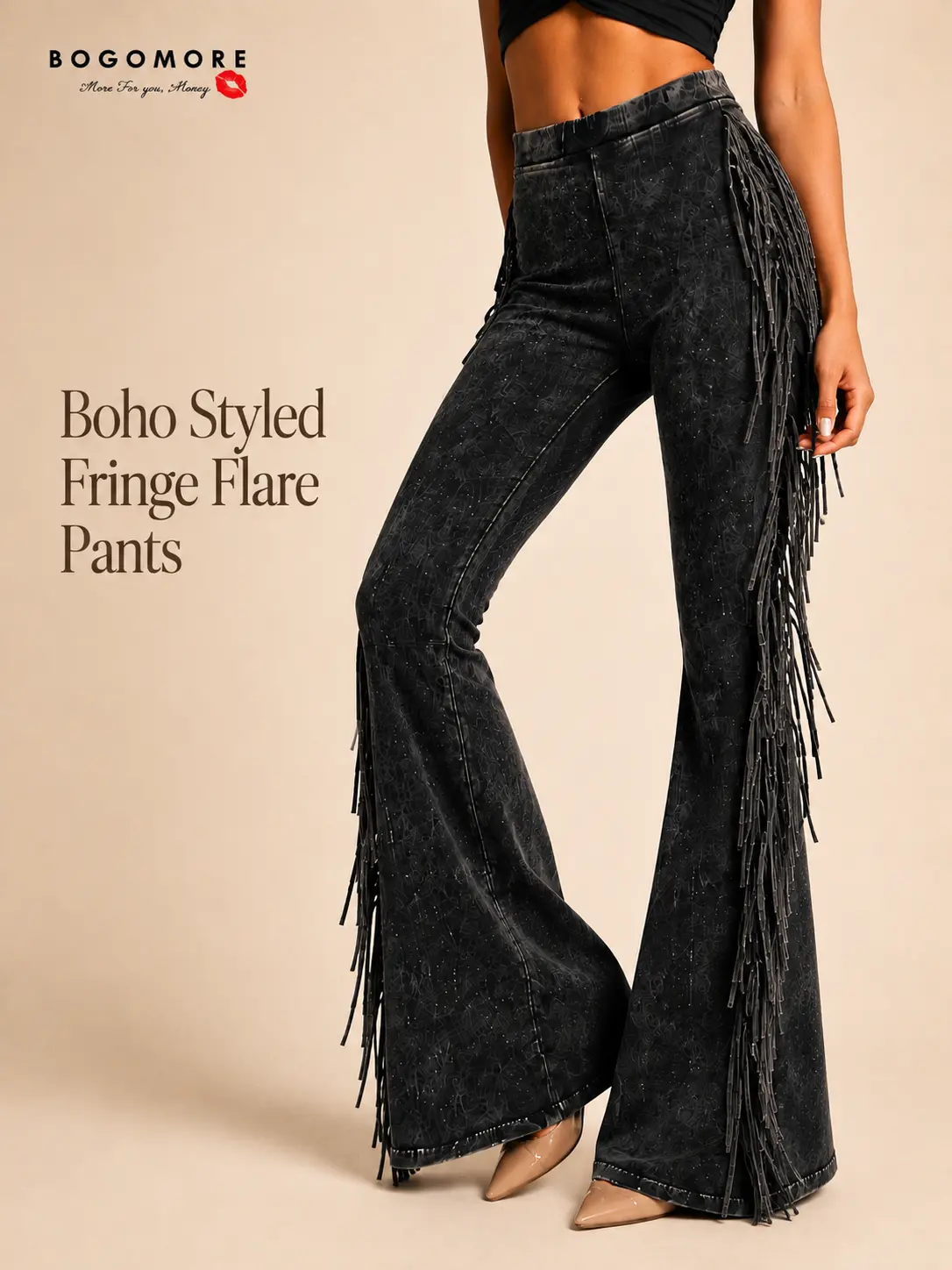 Fringe Pants for Women - Soft Mineral Washed Cotton Flare Pants, Elastic Waist with Side Fringe Detail, Boho Western Festival Streetwear