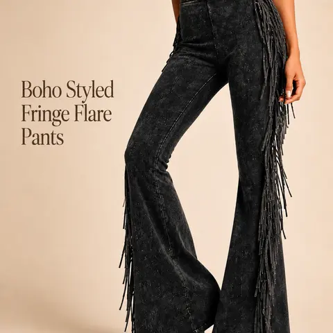 Fringe Pants for Women - Women's Mineral Washed Cotton Blend Flare Pants with Elastic Waist and Side Fringe, Boho Western Festival Streetwear Flare Pants