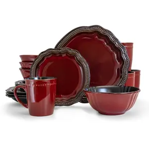 212 MAIN 16-Piece Regency Luxurious Stoneware Dinnerware Set - Red, 4-Set with Unique Shapes, Microwave-Safe Plates and Dishes (EL-REGENCY16)