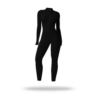 Sporty Women's Solid Color Half Zip Mock Neck Sports Jumpsuit, Casual Comfy Breathable Long Sleeve Skinny Jumpsuit for Yoga Gym Workout, Workout Jumpsuits