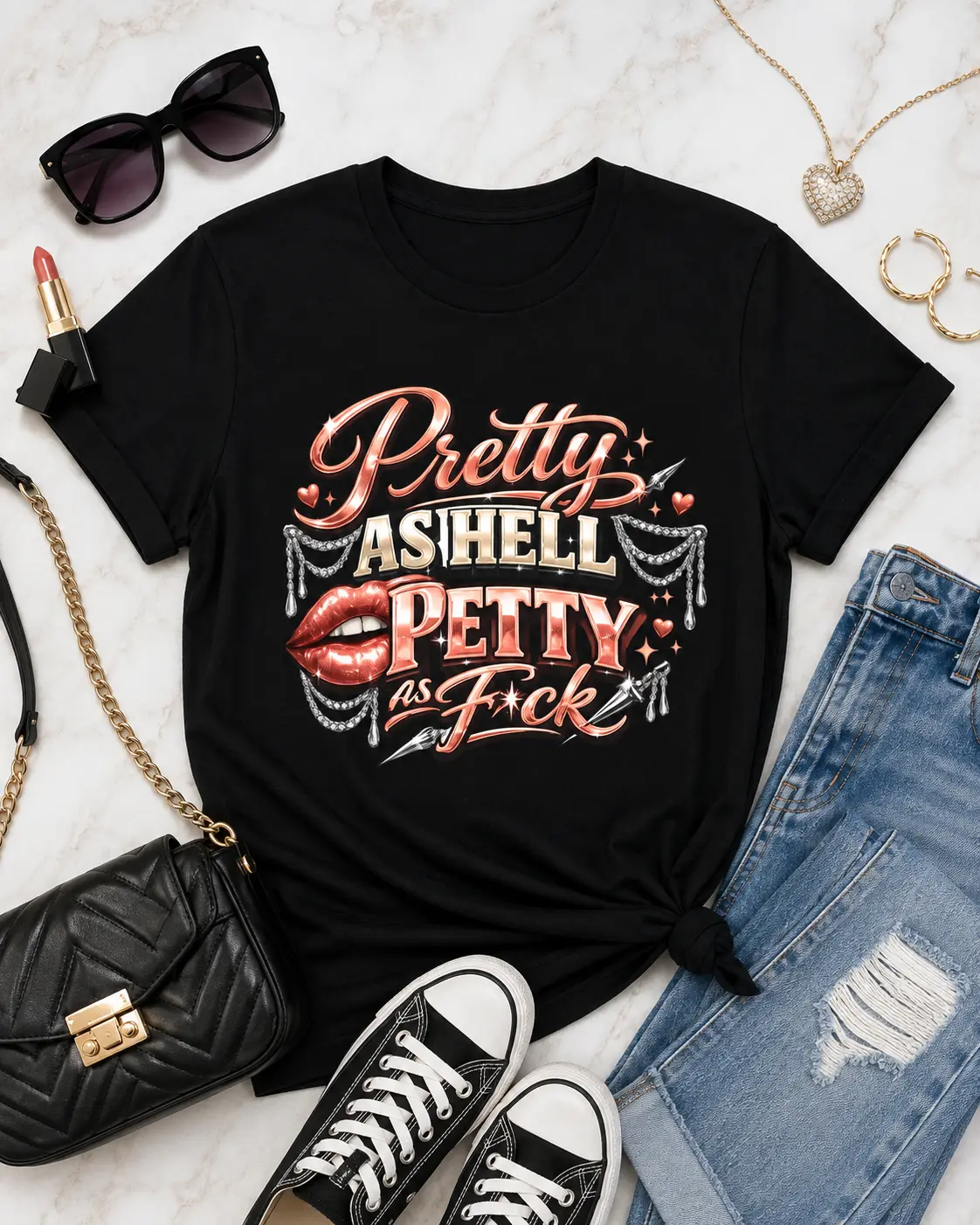 Psyche Visuals Women's Pretty As Hell Petty As F T-Shirt - Red Lips Rhinestone Baddie Graphic Tee