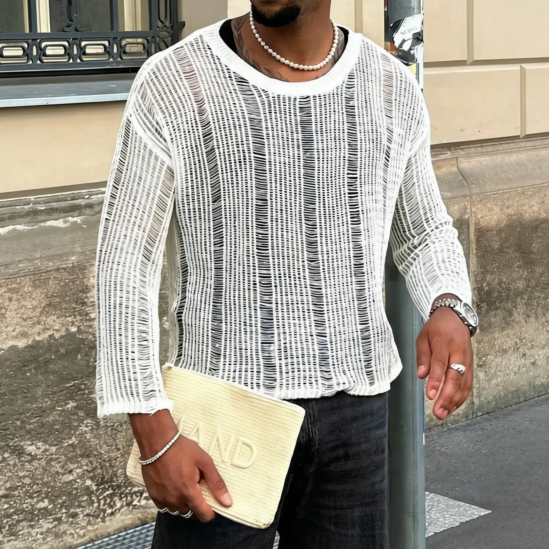 Men’s Hollow Mesh Knit Long Sleeve T Shirt, Loose Oversized Casual Streetwear Top, High Street Style, Spring/Summer Layering Essential, Men’s Knitwear Flash Sale
