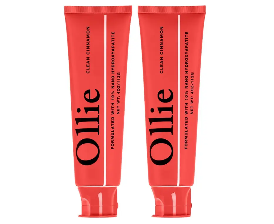 Ollie Fluoride Free 10% Nano Hydroxyapatite Toothpaste, Clean Cinnamon, 4oz | Rod-Shaped Nano HAP, Remineralizes Enamel, Reduces Sensitivity, Reverses Small Cavities, Naturally Whitens Teeth, (Pack of 2)