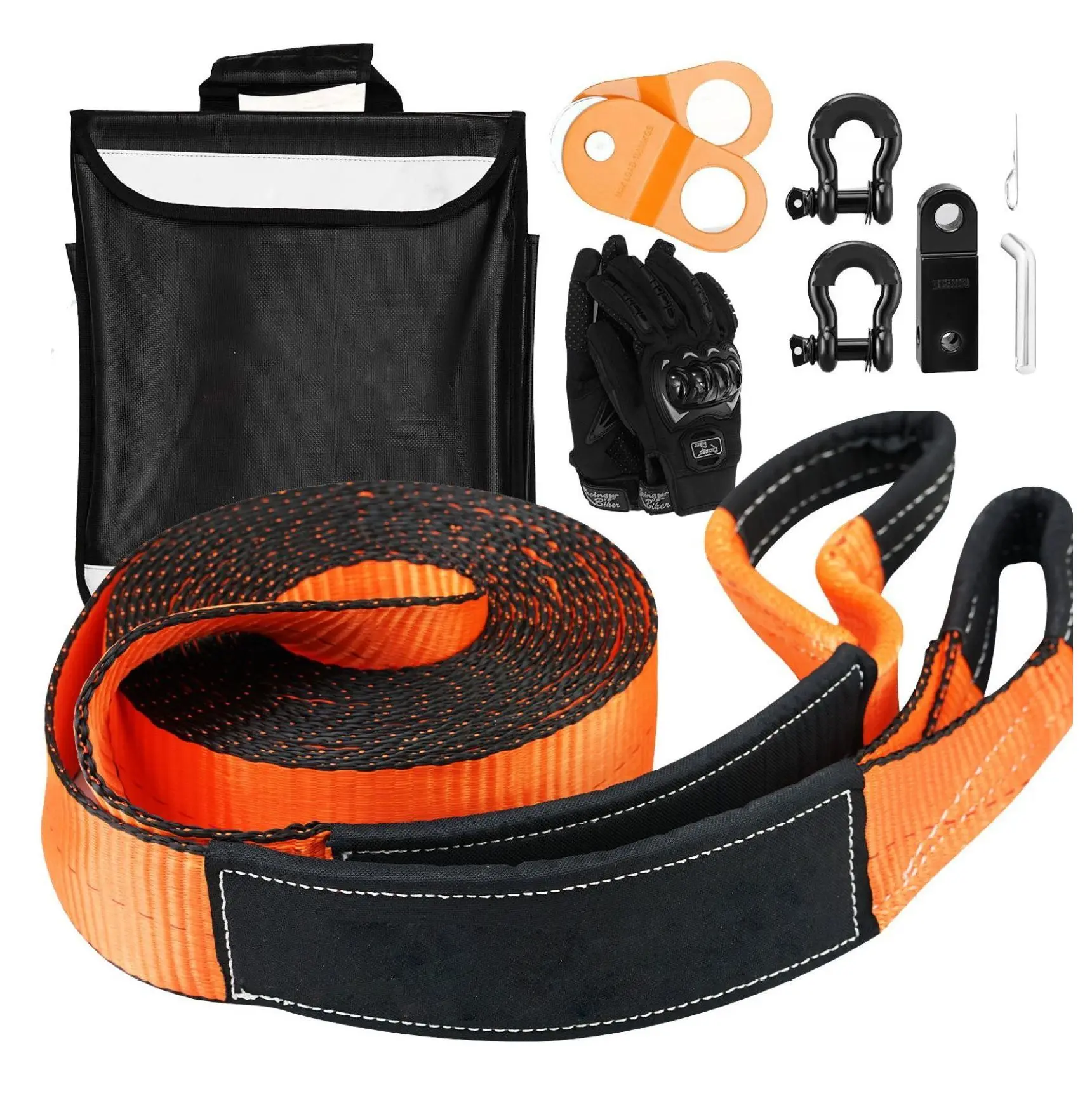Winch Recovery Kit 30000 lbs, Heavy Duty Tow Straps & Shackles, 44092 lbs D-Rings, Snatch Block, Gloves, ATV Jeep Truck Off-Road Equipment 8 Pieces