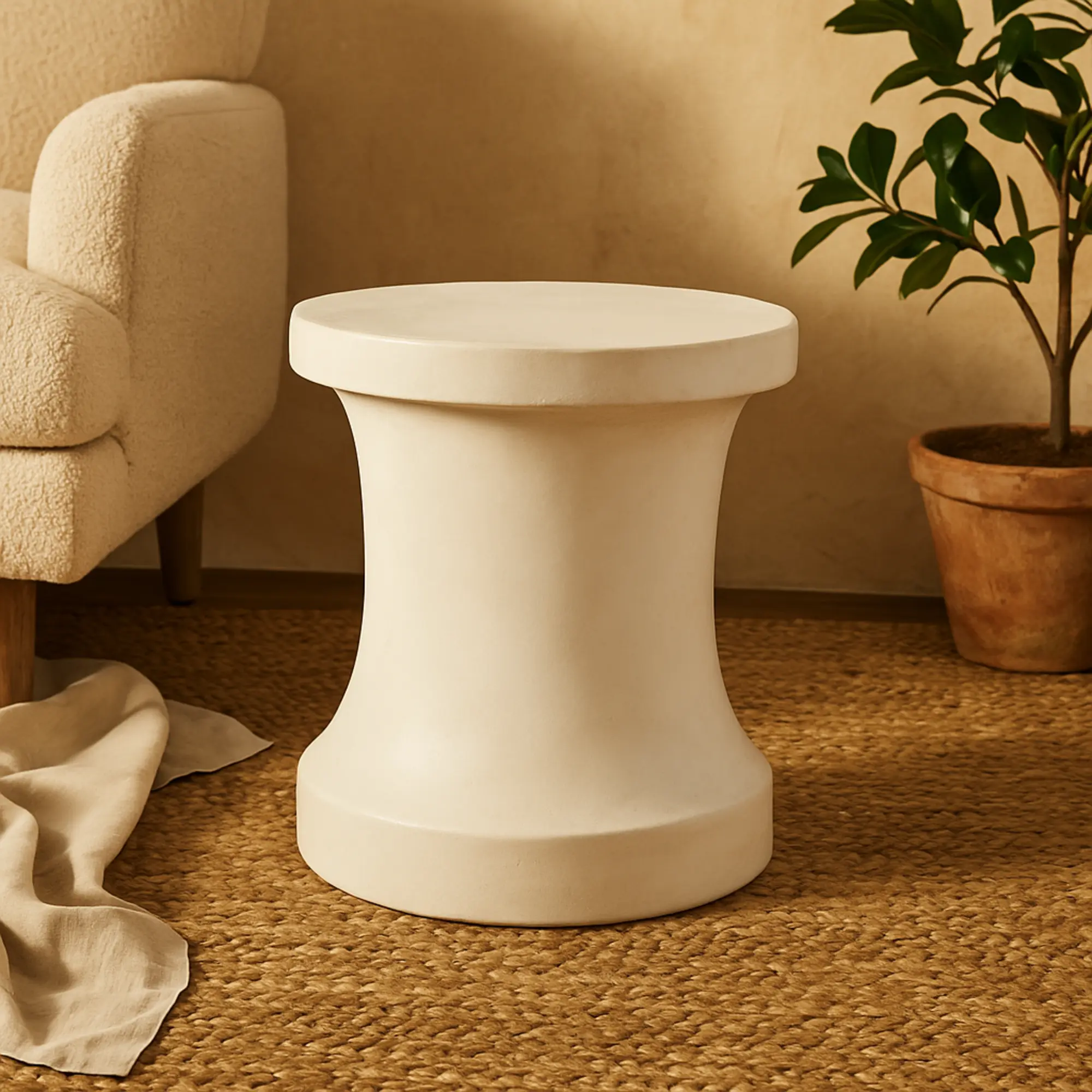 Vintage Minimalist Abstract Indoor-Outdoor Accent Table - Bold Designs, Distressed Cylindrical Hourglass Spool Figure, Fiberglass-Reinforced, Weatherproof, Fully Assembled, 14l x14w x16h in, 9 lbs, Neutral Garden Furniture, Durable Lightweight Build