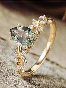 Fashionable and unique ring, oval light green gemstone, natural vine and leaf design, suitable for parties, casual wear, recommended for gifts/weddings/engagements, elegant engagement ring, jewelry gifts for her
