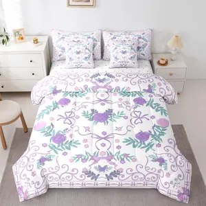Purple Floral Bow 7 Pcs Comforter Set,Coquette Bowknot Bedding for Girls,Bow Tie Bohemian Sheet Set,Bed in A Bag