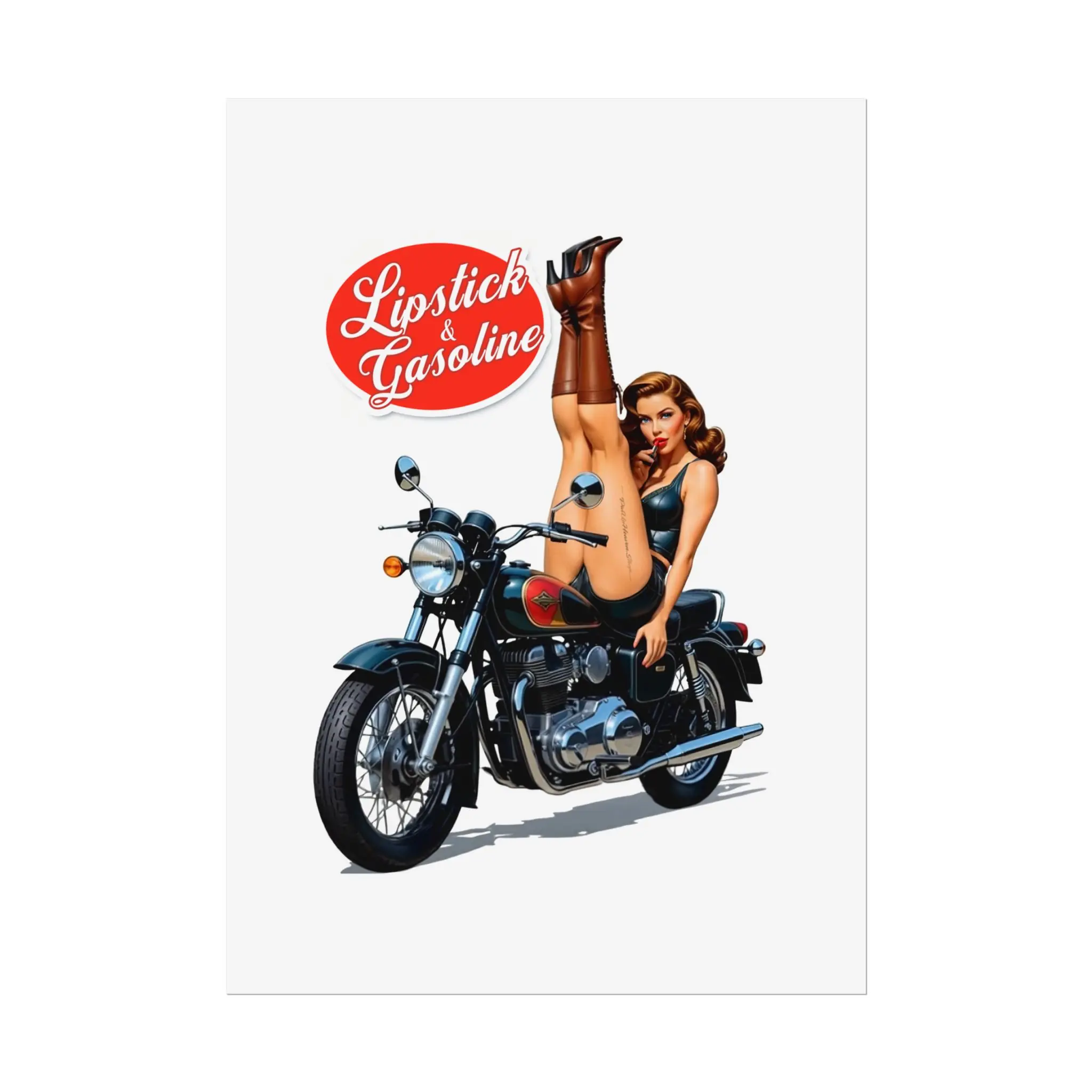 Vintage BIker Babe Lipstick & Gasoline Pin-Up Poster, Retro Motorcycle PinUp Girl, Mancave Decor, 1950s Style Art, Pin Up Heaven Collection