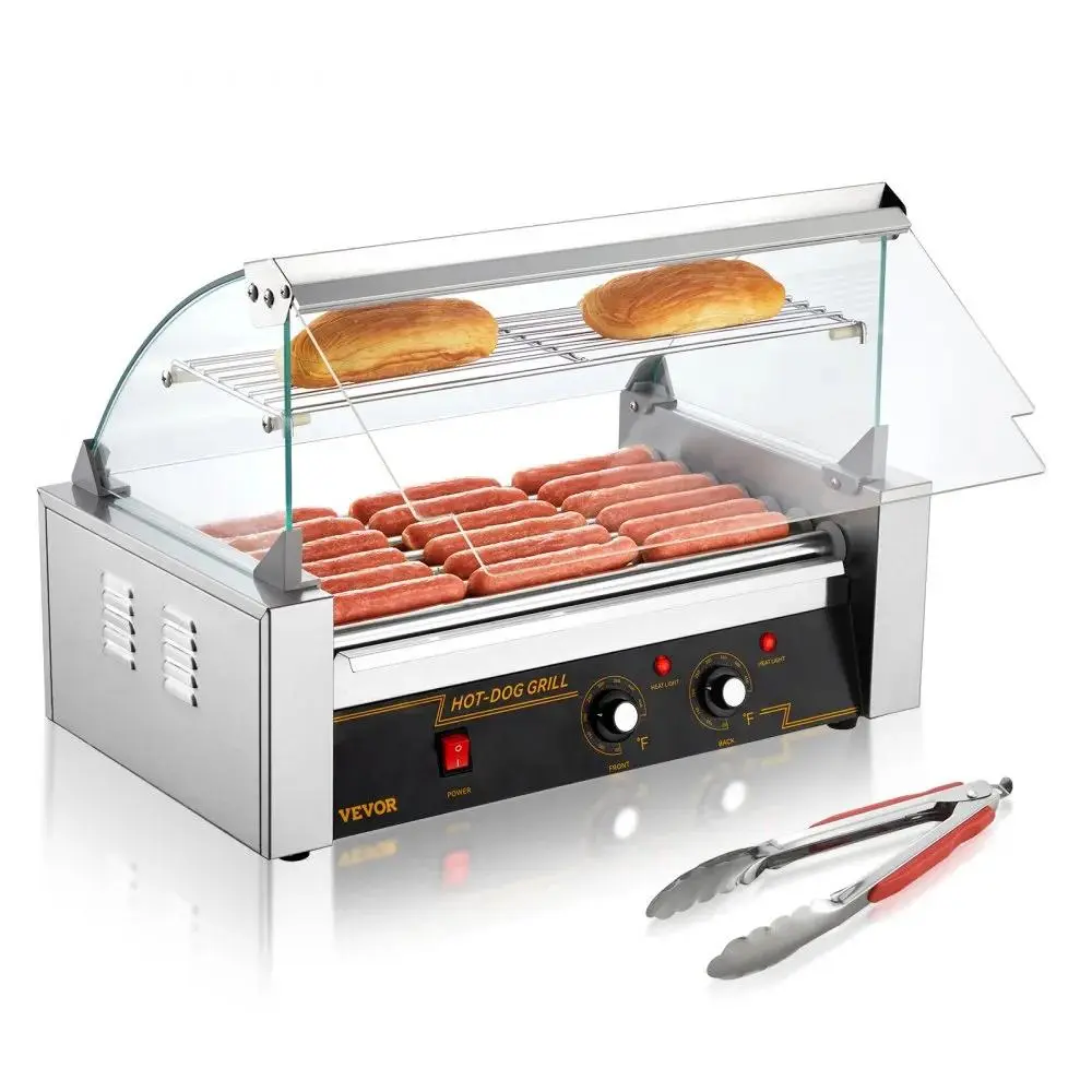 【Summerfinds】VEVOR Hot Dog Roller 7 Rollers 18 Hot Dogs Capacity 1050W Stainless Sausage Grill Cooker Machine with Dual Temp Control Glass Hood Acrylic Cover Bun Warmer Shelf Removable Oil Drip Tray,  ETL Certified, Commercial Kitchen, Kitchen Appliances,