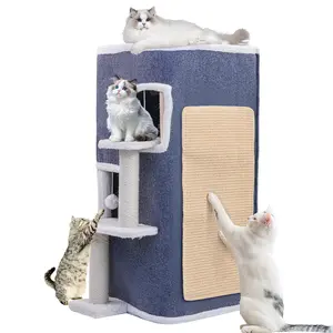 3-Tier Cat House, Cat Beds for Indoor Cats, Modern Cat Condo with Highway Cave, Scratch & Itching Post, Climbing Stand, Cat Cube Playhouse for Multi Kittens, Grey