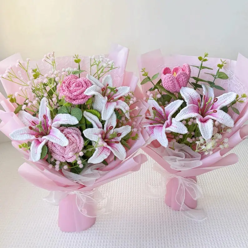 Crochet Flower Bouquet, Pink Lily Flower Handmade, Pink Stargazer Lilies, 3 Styles, Handmade Yarn Flowers, Perfect Gift set for Girlfriend