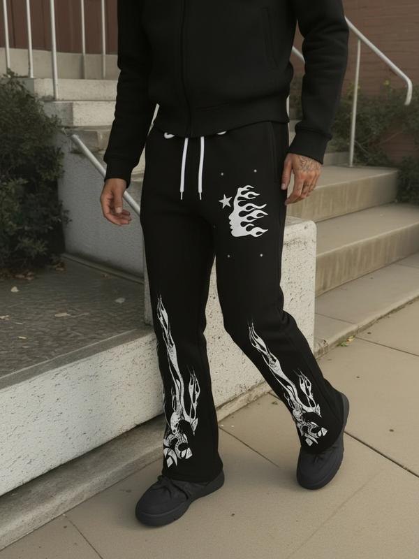 Unisex Black Flame & Star Graphic Print Sweatpants Streetwear Gothic Casual Drawstring Joggers 100% Polyester Unique Design