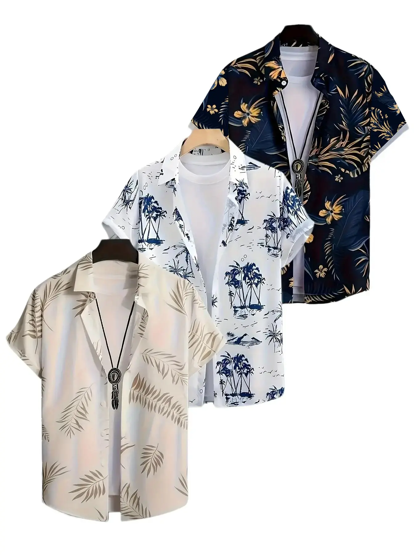 3pc Men's Summer Casual Shirts, Casual Tropical Style, Hawaiian Tropical Floral Print, Collared Short Sleeve, Fitted, Soft Chiffon Fabric, Comfortable for Daily Wear, Beach Vacation, Tops, casual summer clothes, Menswear