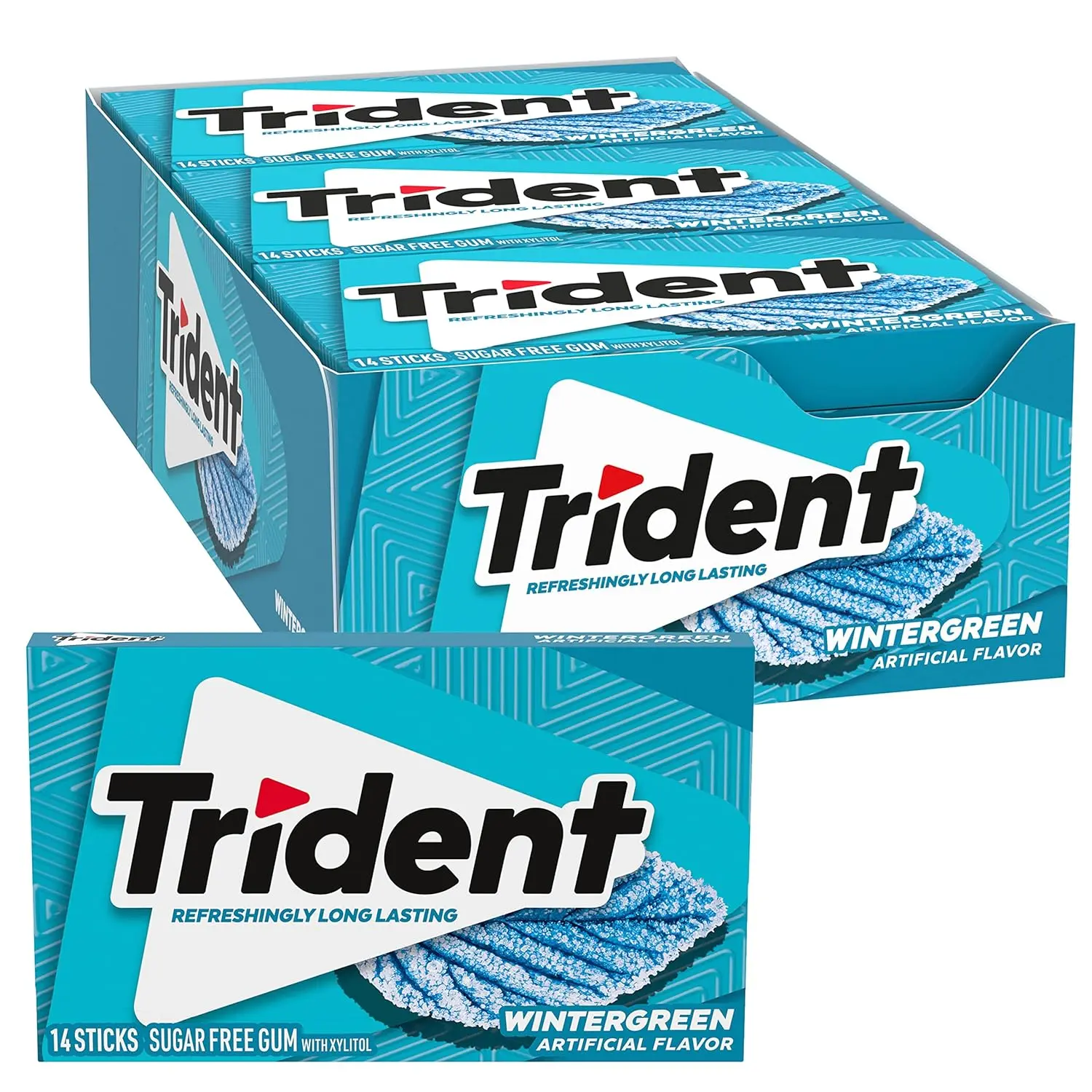 Trident Wintergreen Sugar-Free Xylitol-Sweetened Chewing Gum - Low Calorie Ambient Snacks, 12 Packs of 14 Mint Pieces (168 Total, 6-Month Supply) for Party Favors, Care Packages