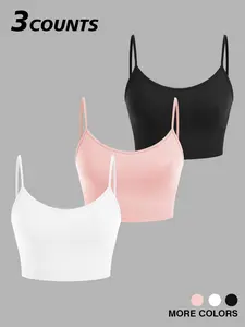 TikTok Viral 3-Pack Womenswear Basic Chic Crop Cami Tops – Black, Pink & White Solid Colors | Trendy Y2K Minimalist Aesthetic | Slim-Fit Stretchy Spaghetti Strap Tanks | Versatile Essential Camisoles for Layering, Casual & Summer Outfits 🎀✨