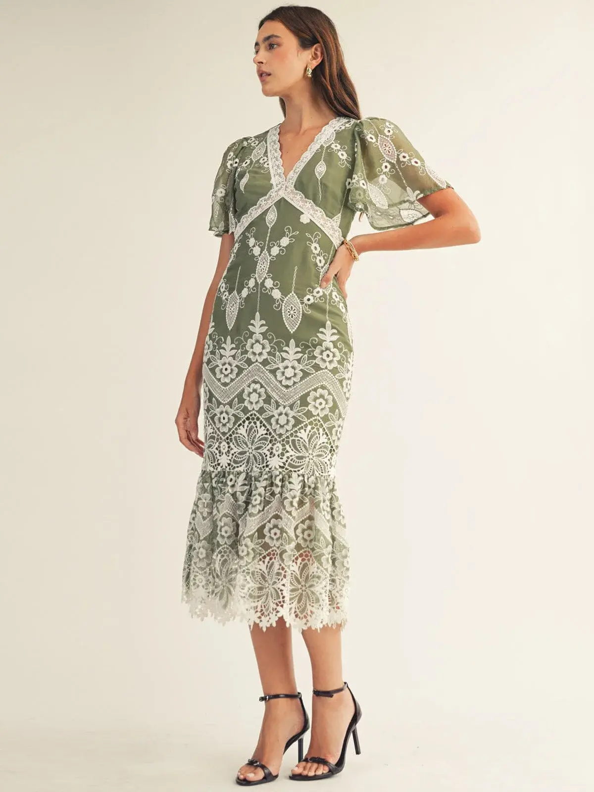 Women's ESYAZO Olive Green Embroidery Lace Midi Dress - Premium Flutter Sleeve, Feminine Drape Mermaid Cocktail Dress, Fitted