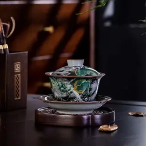 Old Ceramic Tea Bowl with Lid Ink Wash Cloud Dragon Design Jianzhan Ware Traditional Chinese Tea Set