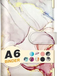 A6 Refillable 6 Ring Faux Leather Budget Binder,Mini Notebook Binder Cover for A6 Filler Paper,Loose Leaf Personal Planner Cover with Magnetic Buckle Closure (Marble Pink)